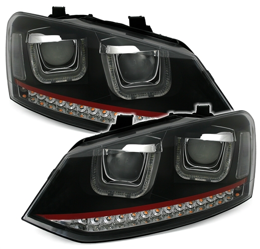 Koplampen VW Polo 6R / 6C 09- DRL Zwart/Rood Facelift GTI look