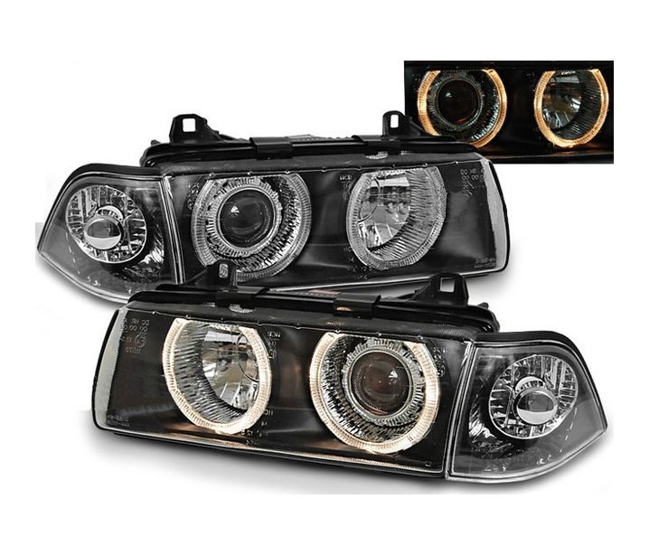 Koplampen BMW E36 Limousine/Touring Angel Eyes Zwart