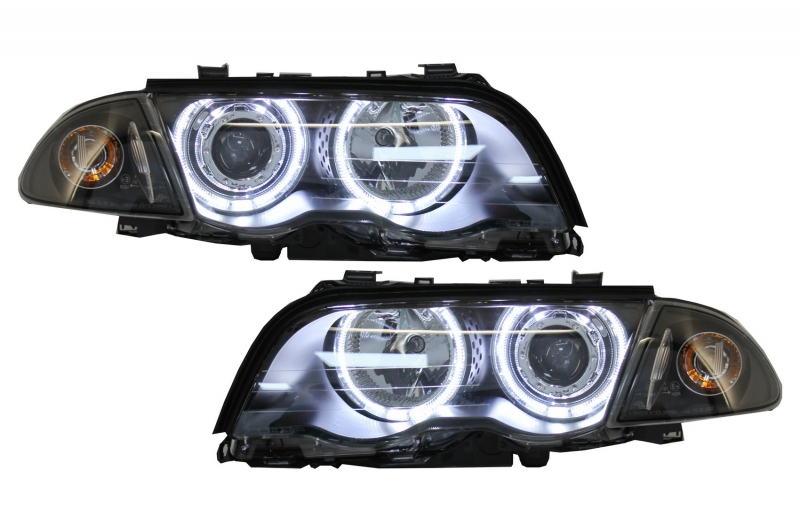 Koplampen BMW E46 98-01 Sedan/Touring Angel eyes Zwart LED