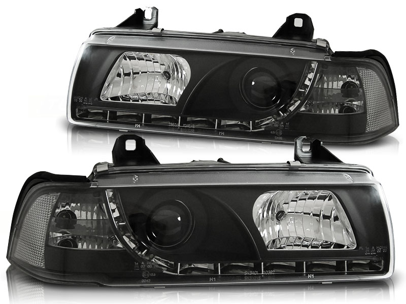 Koplampen BMW E36 Limousine/Touring DRL look Devil Eyes zwart