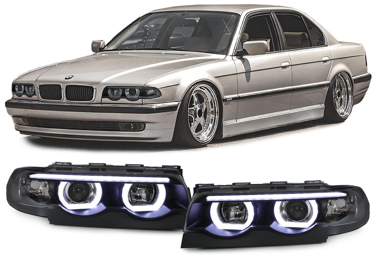 Koplampen BMW E38 94-01 3D LED Angel Eyes Zwart